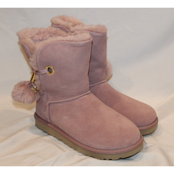 UGG WOMEN'S IRINA STAR CHARM BAILEY POM SUEDE‎ SHEARLING ANKLE BOOTS PINK - Picture 2 of 9